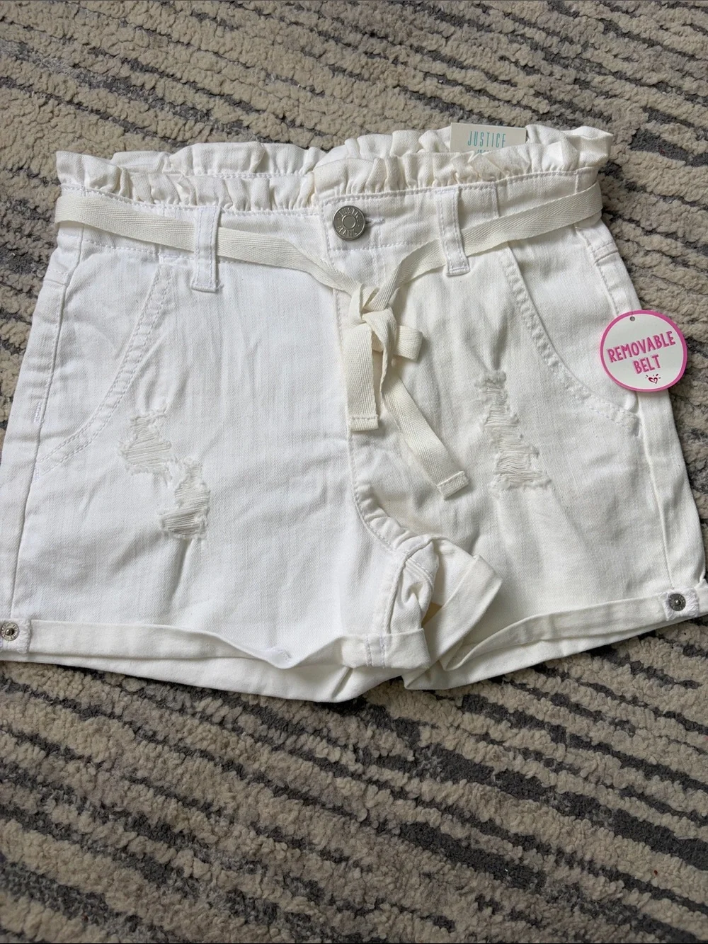 Justice White Paperbag Waist Denim Shorts with Removable Belt